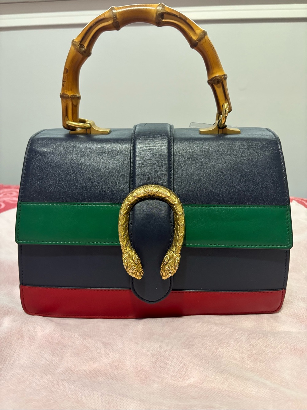 Gucci Dionysus Top Bamboo Handle Structured Navy, Green & Red With COA